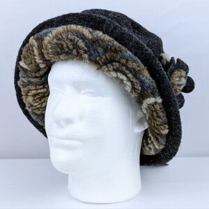 Filippo Catarzi Bucket Hat Wool Blend Flower Accent Textured Charcoal OSFM NWT